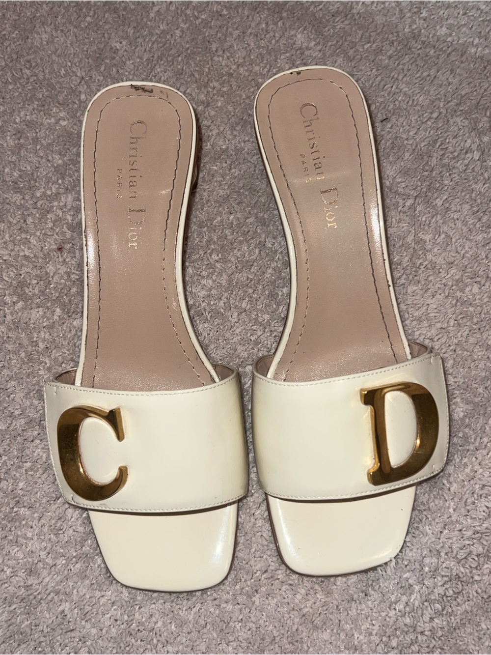 Dior Cream Leather Slide Mules with Gold CD Emblems - Picture 1 of 9